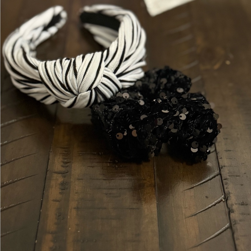 Claire's Black and White Striped Headband with Sequin Bow